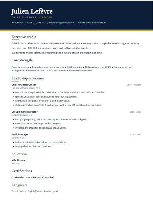 Chief Financial Officer CV — Navy CV template