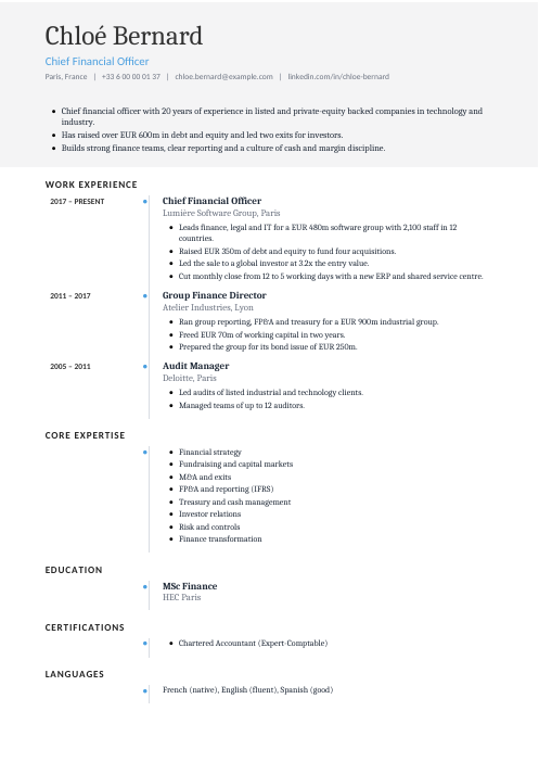 Chief Financial Officer CV — Timeline CV template