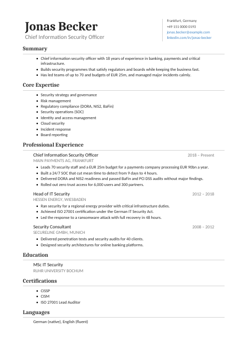 Chief Information Security Officer CV — Classic CV template