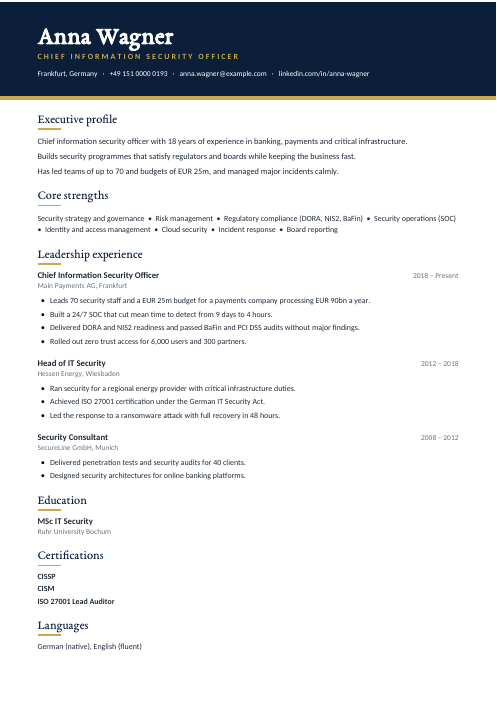 Chief Information Security Officer CV — Navy CV template