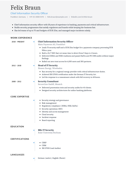 Chief Information Security Officer CV — Timeline CV template