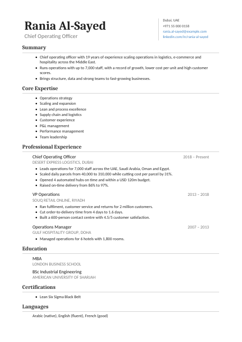 Chief Operating Officer CV — Classic CV template