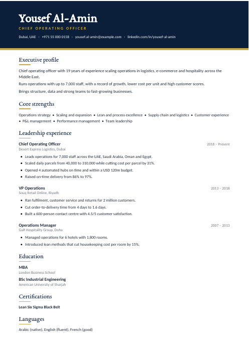 Chief Operating Officer CV — Navy CV template