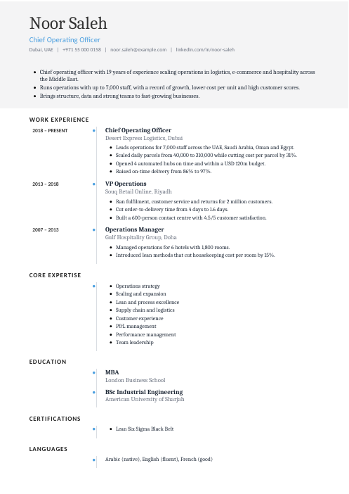 Chief Operating Officer CV — Timeline CV template