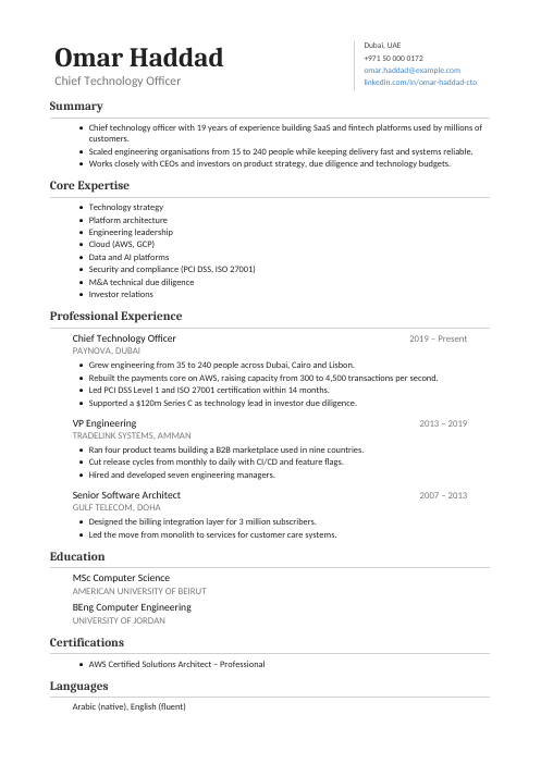 Chief Technology Officer CV — Classic CV template