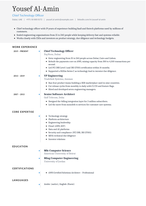 Chief Technology Officer CV — Timeline CV template