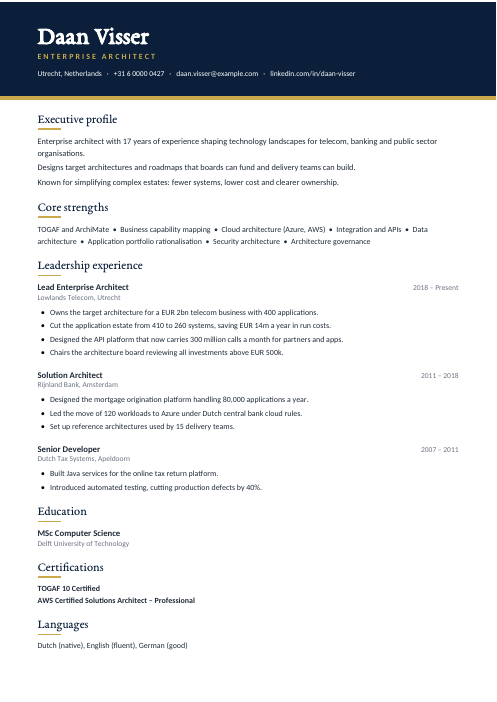 Enterprise Architect CV — Navy CV template