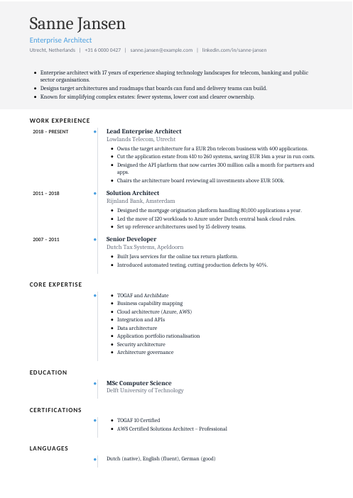 Enterprise Architect CV — Timeline CV template