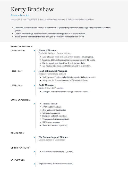 Finance Director CV — Timeline CV template