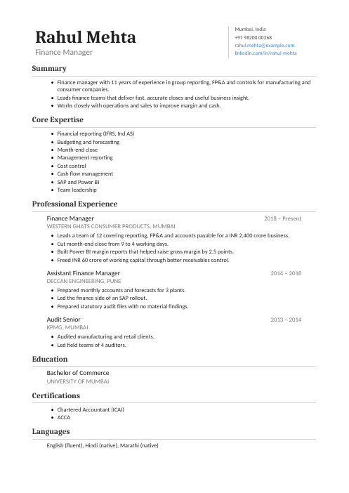 Finance Manager CV — Classic CV template