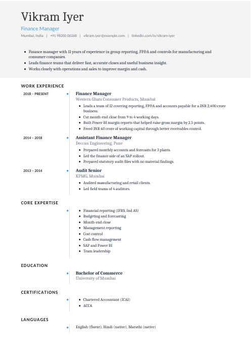 Finance Manager CV — Timeline CV template