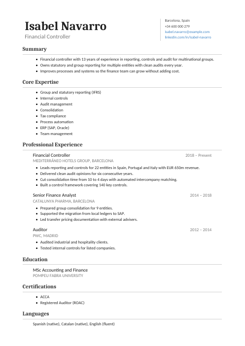Financial Controller CV — Classic CV template