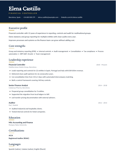 Financial Controller CV — Navy CV template