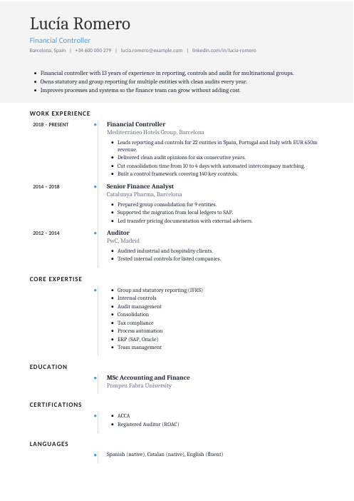 Financial Controller CV — Timeline CV template