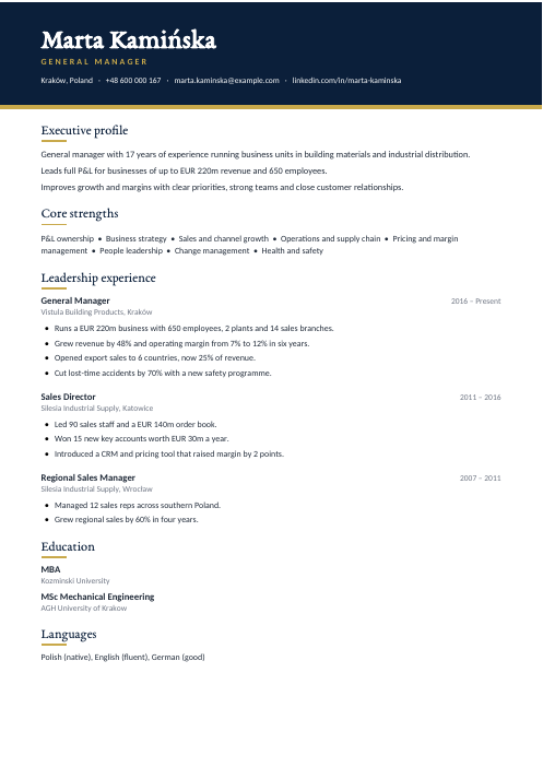 General Manager CV — Navy CV template