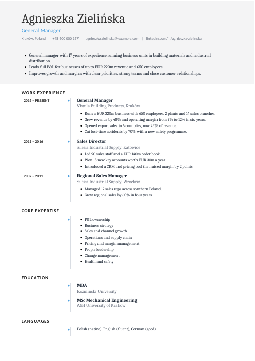 General Manager CV — Timeline CV template