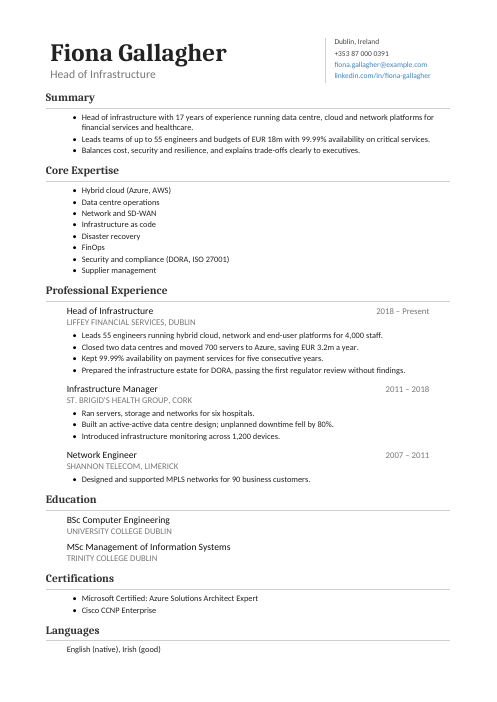 Head of Infrastructure CV — Classic CV template