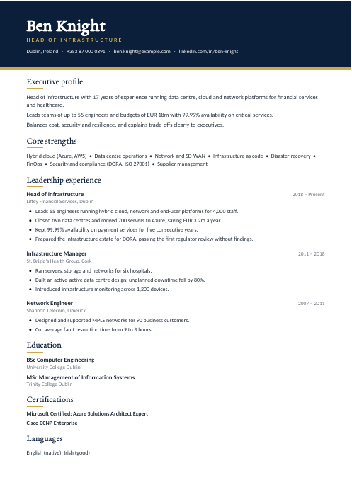 Head of Infrastructure CV — Navy CV template