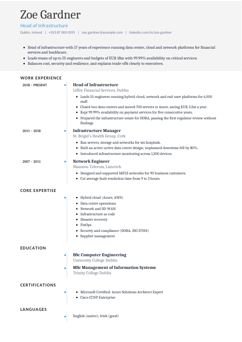 Head of Infrastructure CV — Timeline CV template