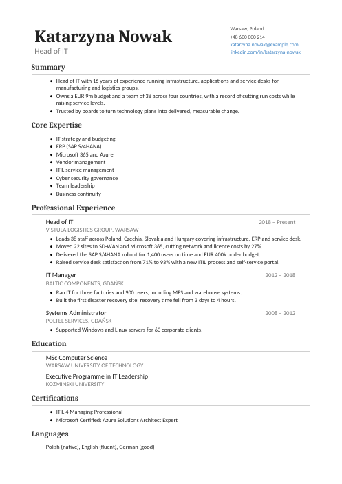 Head of IT CV — Classic CV template