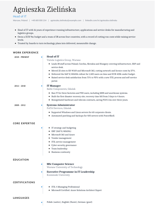 Head of IT CV — Timeline CV template