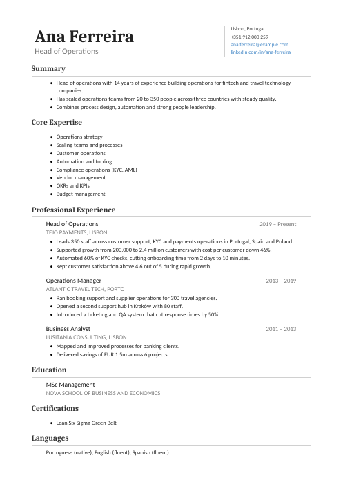 Head of Operations CV — Classic CV template
