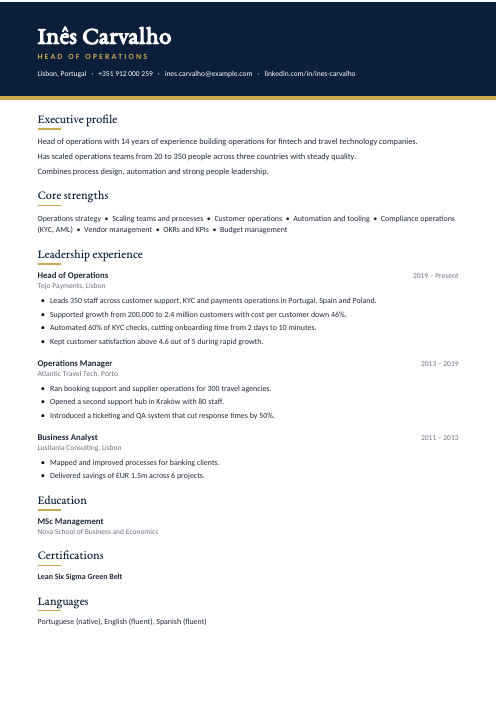 Head of Operations CV — Navy CV template