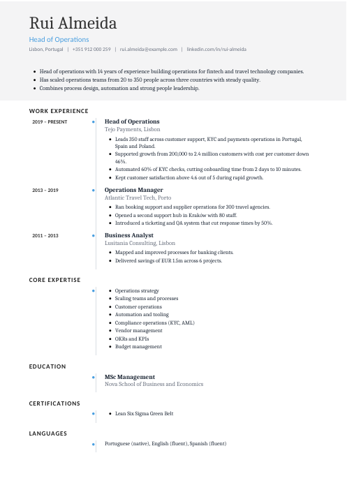 Head of Operations CV — Timeline CV template