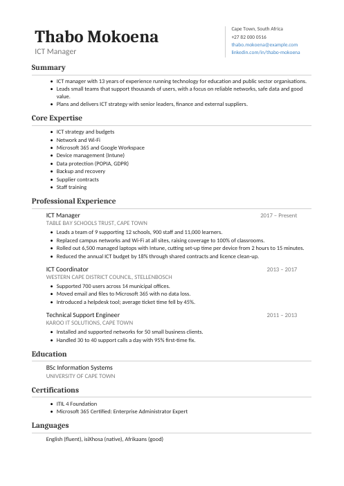 ICT Manager CV — Classic CV template