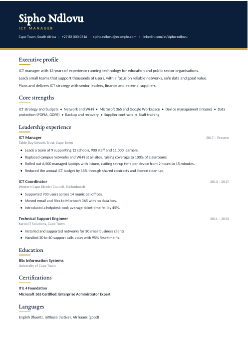 ICT Manager CV — Navy CV template