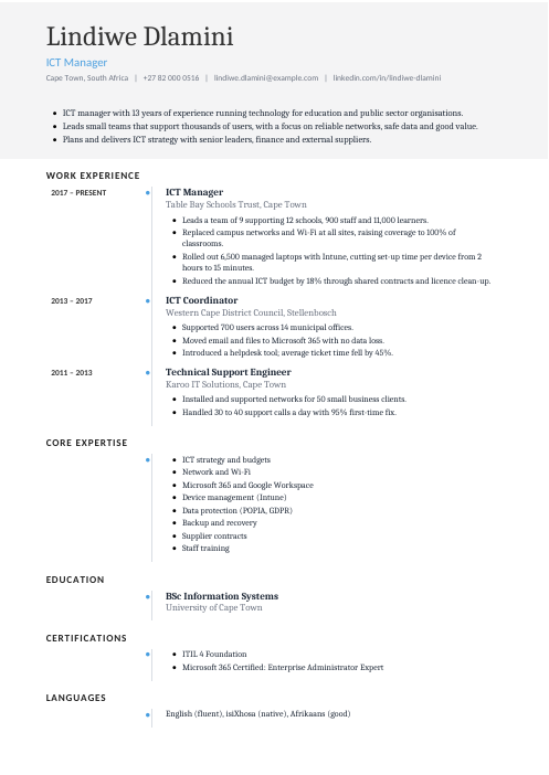ICT Manager CV — Timeline CV template