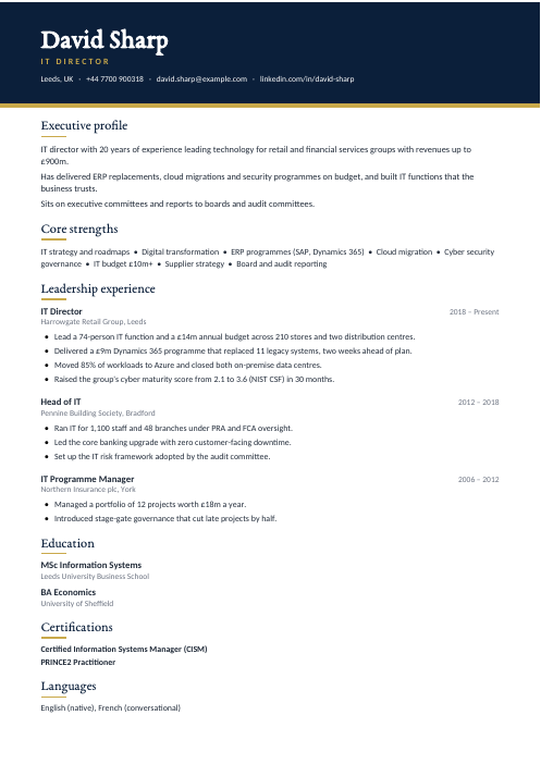 IT Director CV — Navy CV template