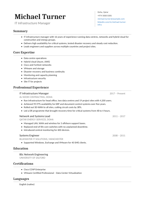 IT Infrastructure Manager CV — Classic CV template