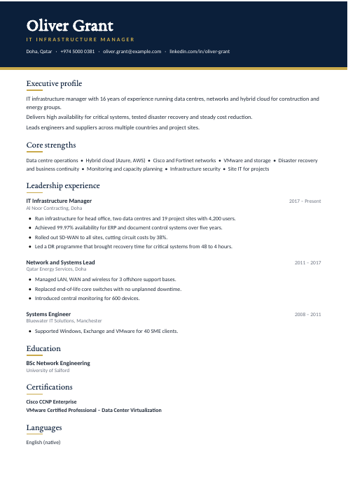 IT Infrastructure Manager CV — Navy CV template
