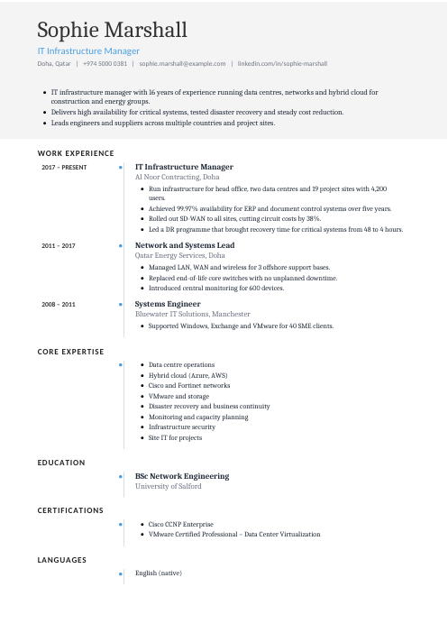 IT Infrastructure Manager CV — Timeline CV template