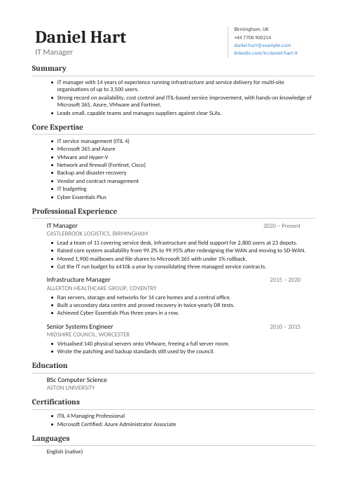 IT Manager CV — Classic CV template