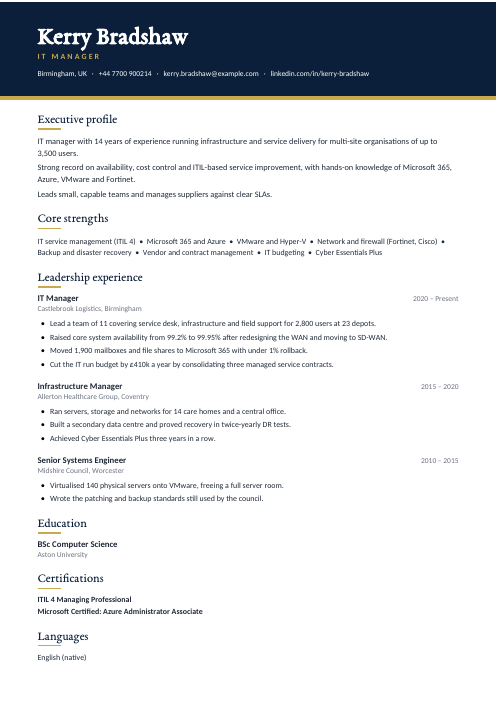 IT Manager CV — Navy CV template