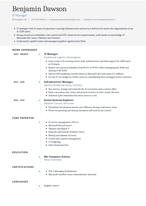 IT Manager CV — Timeline CV template