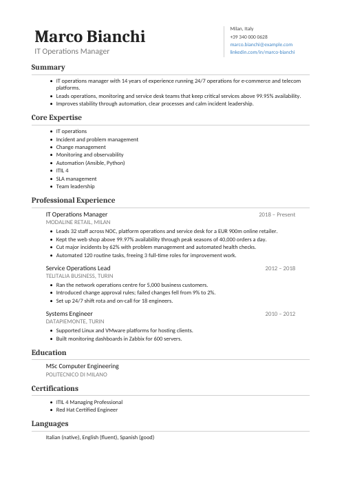 IT Operations Manager CV — Classic CV template