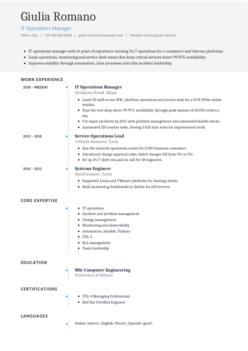 IT Operations Manager CV — Timeline CV template