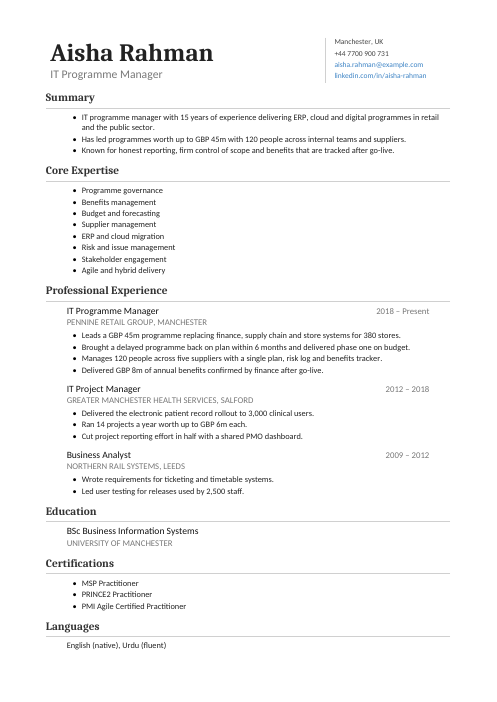 IT Programme Manager CV — Classic CV template