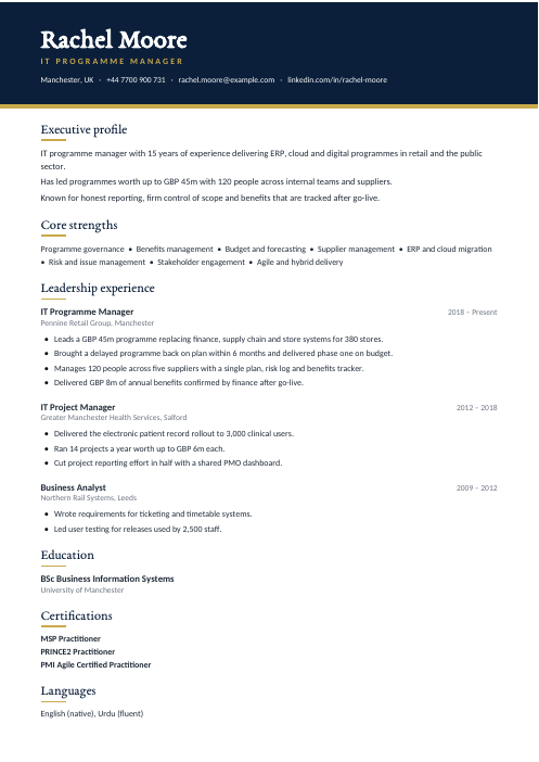 IT Programme Manager CV — Navy CV template