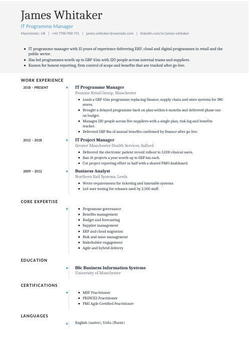 IT Programme Manager CV — Timeline CV template