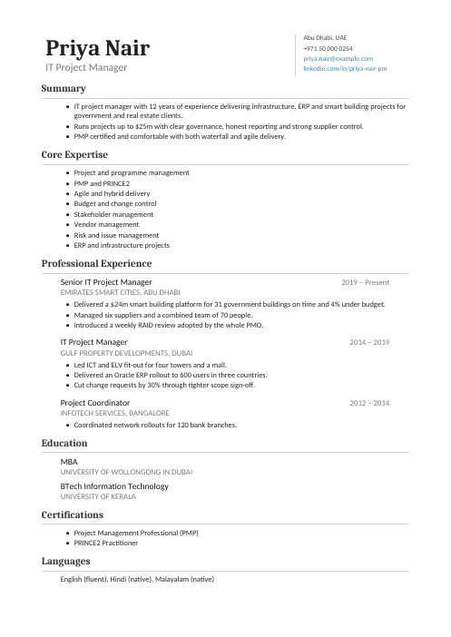 IT Project Manager CV — Classic CV template