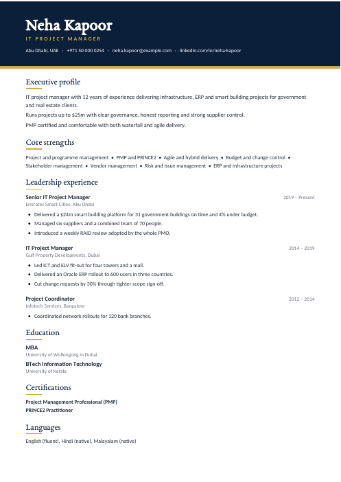 IT Project Manager CV — Navy CV template
