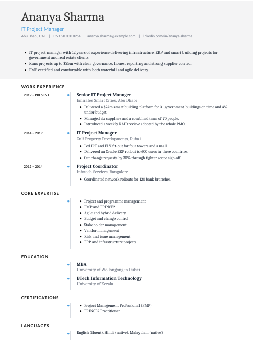 IT Project Manager CV — Timeline CV template
