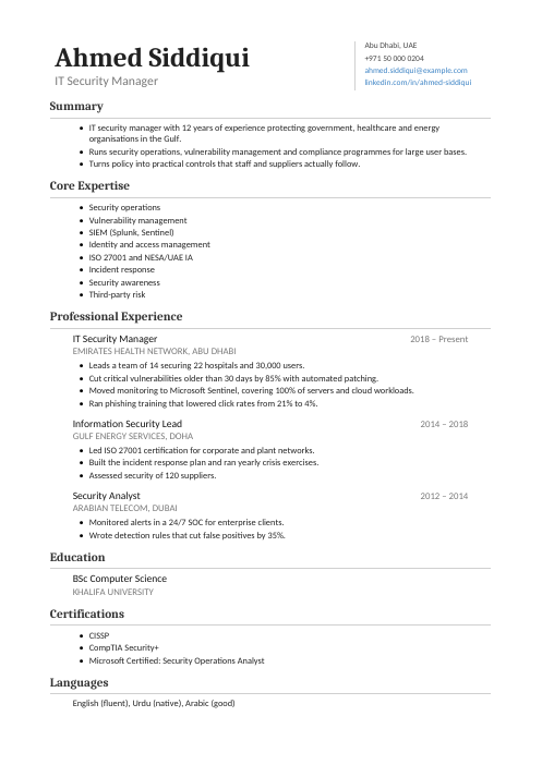 IT Security Manager CV — Classic CV template