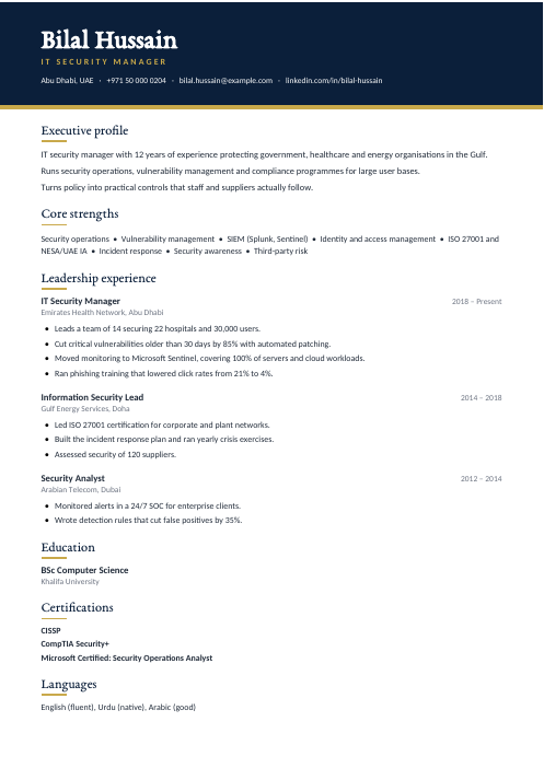 IT Security Manager CV — Navy CV template