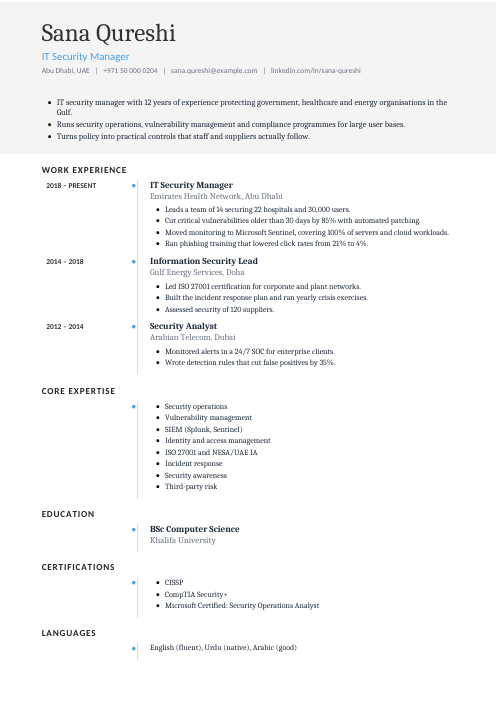 IT Security Manager CV — Timeline CV template