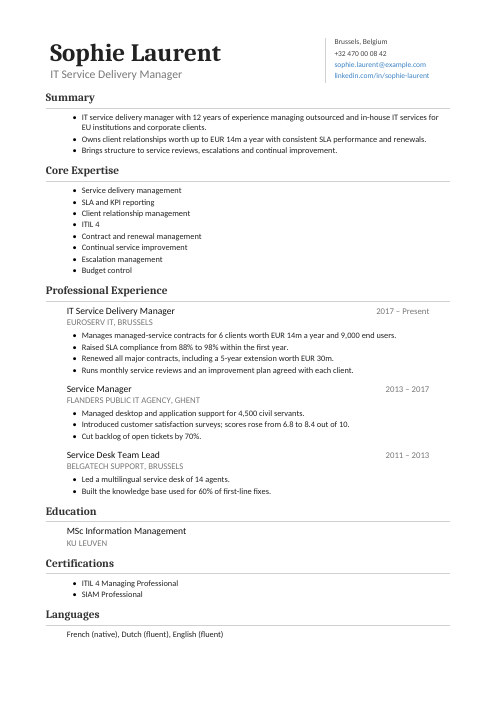 IT Service Delivery Manager CV — Classic CV template